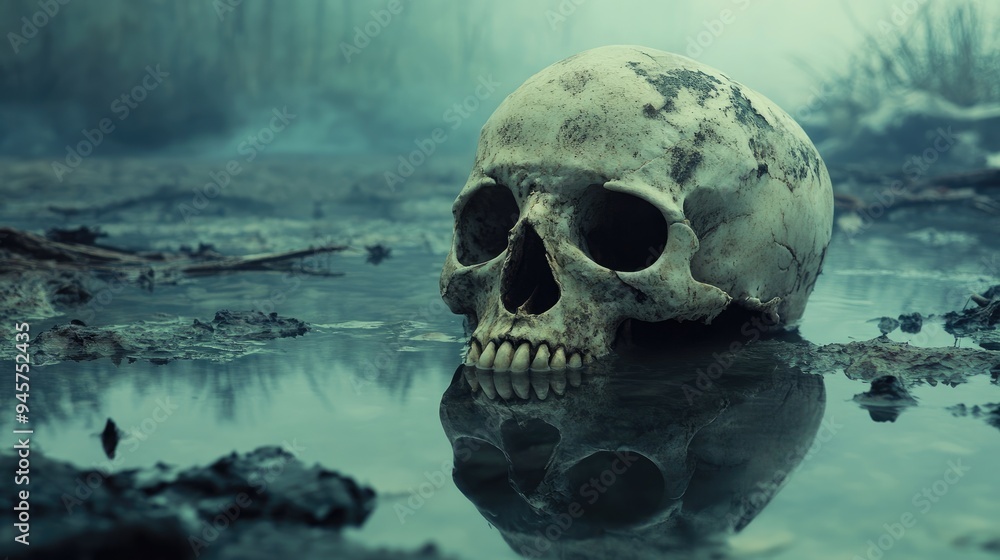 Human Skull Submerged in Murky Water Human Skull Submerged in Murky Water
