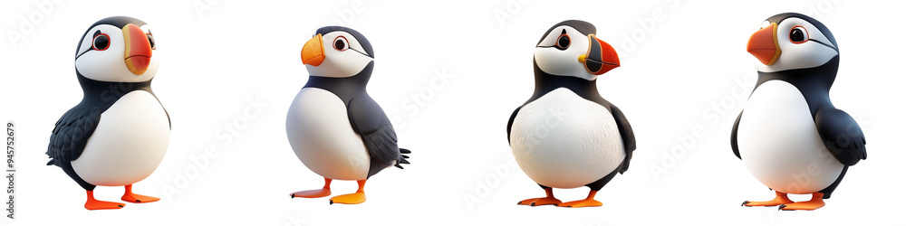 Obraz premium Charming puffins displaying different poses, showcasing their unique features and vibrant colors in a delightful and playful manner.