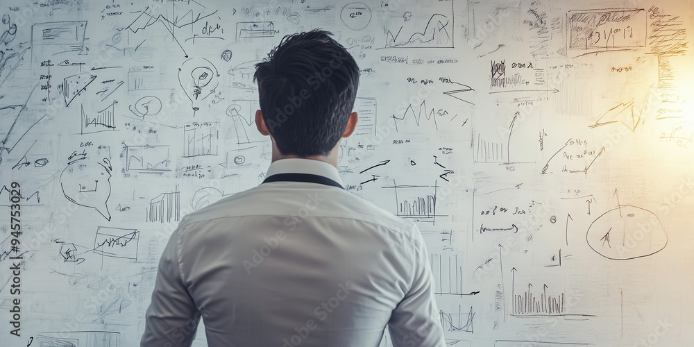 Business man finds the solution for the problem, ideas, tables and schemes are the solution Business man finds the solution for the problem, ideas, tables and schemes are the solution