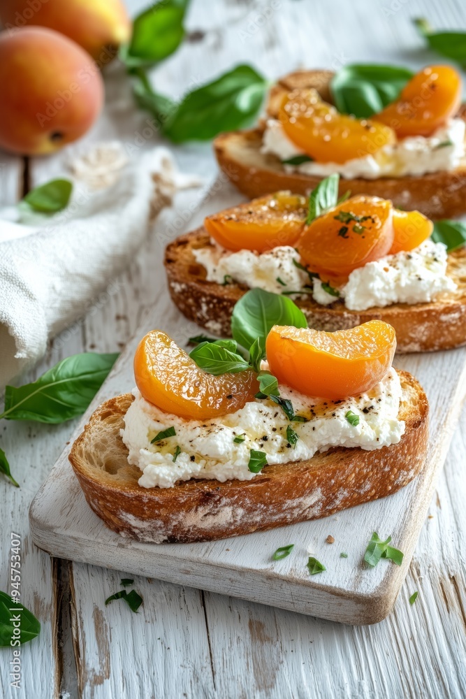 Delicious open-faced toast topped with fresh ricotta, ripe apricots, and basil on a rustic wooden table in a bright kitchen Delicious open-faced toast topped with fresh ricotta, ripe apricots, and basil on a rustic wooden table in a bright kitchen
