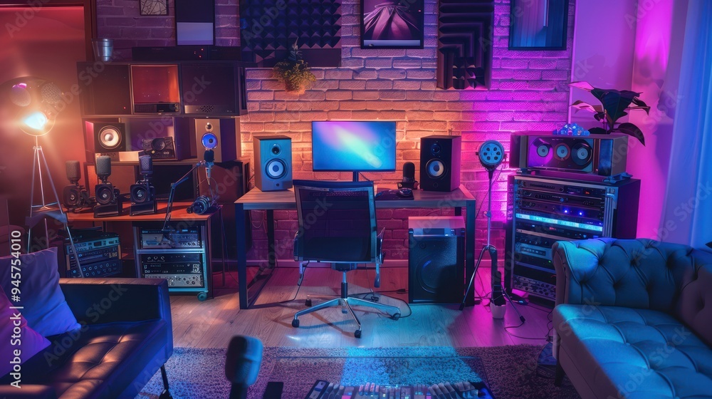 Home Recording Studio with Pink and Blue Lights Home Recording Studio with Pink and Blue Lights