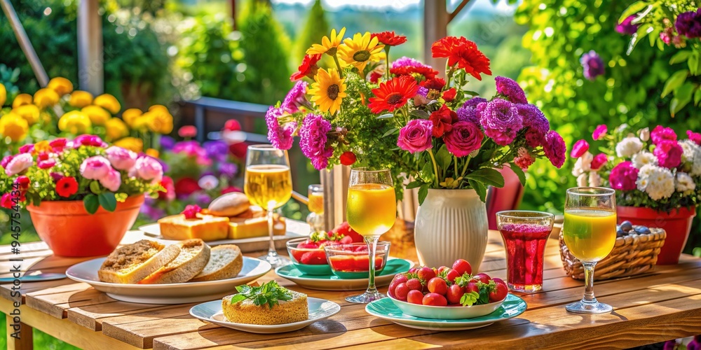 Vibrant summer patio scene featuring a laden table with colorful flowers, delicious food, refreshing cocktails, and sparkling glasses amidst a lively, carefree atmosphere. Vibrant summer patio scene featuring a laden table with colorful flowers, delicious food, refreshing cocktails, and sparkling glasses amidst a lively, carefree atmosphere.
