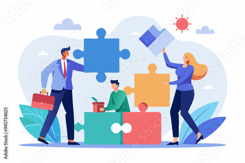 New joiner to fill in team and solve problem, teamwork to get solution, put right man in the right job to fit job description concept, businessman hand HR put new joiner to connect jigsaw puzzle. 
