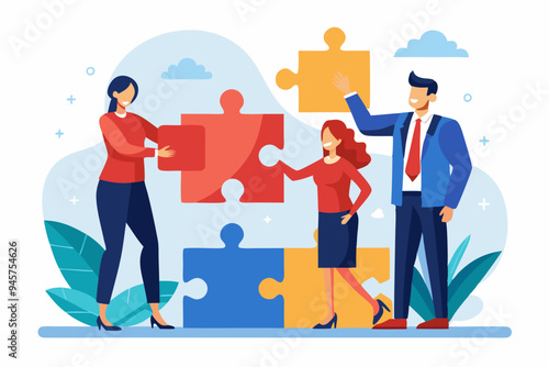 New joiner to fill in team and solve problem, teamwork to get solution, put right man in the right job to fit job description concept, businessman hand HR put new joiner to connect jigsaw puzzle. 
