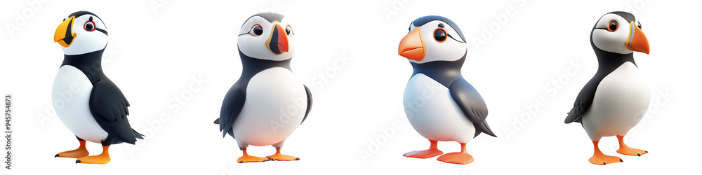 Fototapeta premium Four adorable puffins showcasing unique expressions and colors, perfect for wildlife enthusiasts and nature lovers.