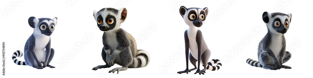 Fototapeta premium Four animated lemurs displaying unique poses and expressions, showcasing their playful and curious nature in a vibrant design.