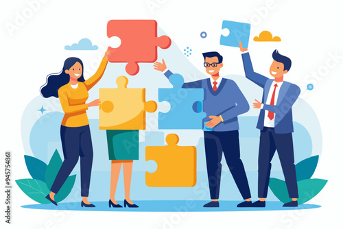 New joiner to fill in team and solve problem, teamwork to get solution, put right man in the right job to fit job description concept, businessman hand HR put new joiner to connect jigsaw puzzle. 
