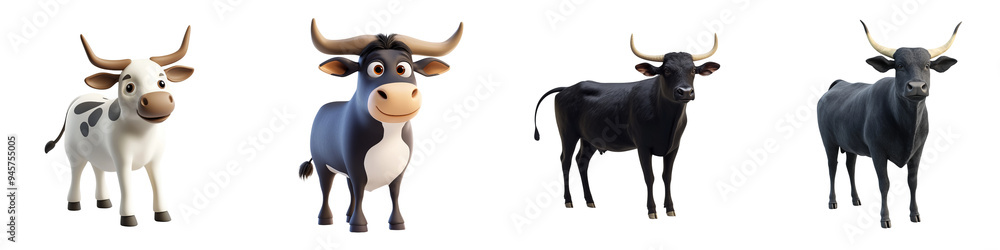 Naklejka premium Four cartoon cows showcasing different colors and expressions, perfect for animations or farm-themed projects.