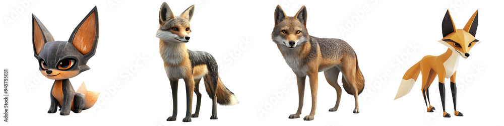 Fototapeta premium Four cartoon foxes with unique styles and expressions, perfect for children's illustrations and creative projects.