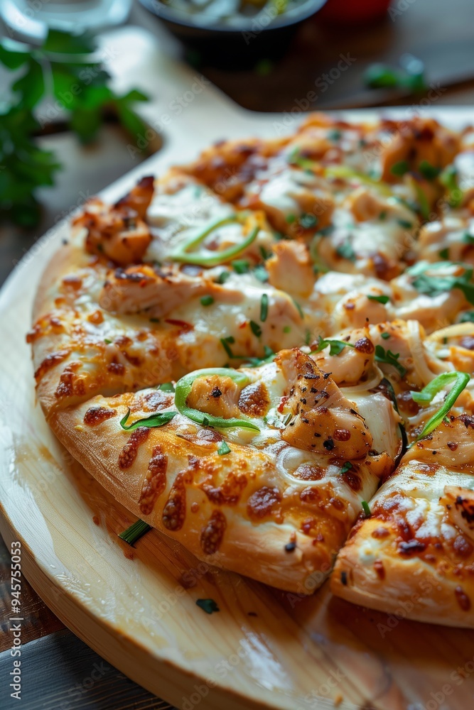 Deliciously cheesy pizza topped with fresh herbs and spices on a wooden serving platter in a cozy restaurant setting Deliciously cheesy pizza topped with fresh herbs and spices on a wooden serving platter in a cozy restaurant setting