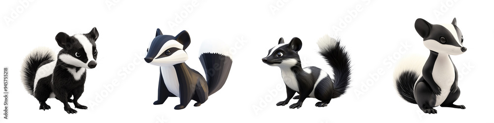 Obraz premium Four charming raccoon illustrations showcasing their playful demeanor and unique designs in vibrant colors.