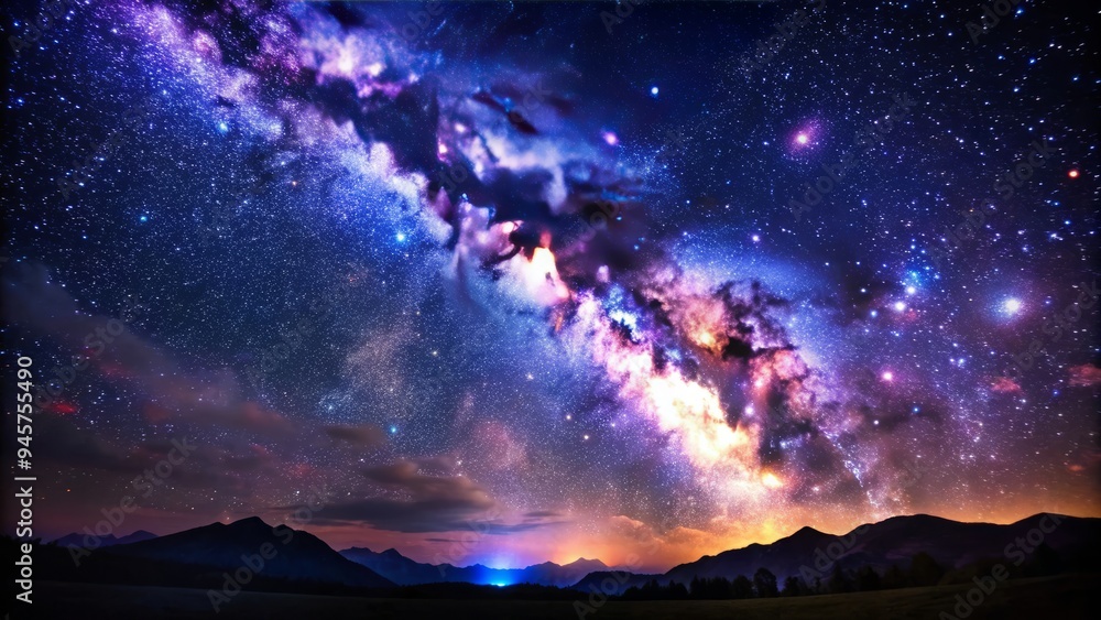 Celestial night sky with millions of twinkling stars shining brightly against a dark black background, with vibrant purple and blue hues radiating from the galaxy. Celestial night sky with millions of twinkling stars shining brightly against a dark black background, with vibrant purple and blue hues radiating from the galaxy.