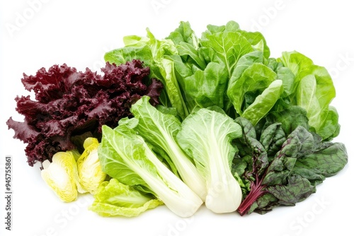 A variety of fresh leafy greens including lettuce, bok choy, and Swiss chard. photo