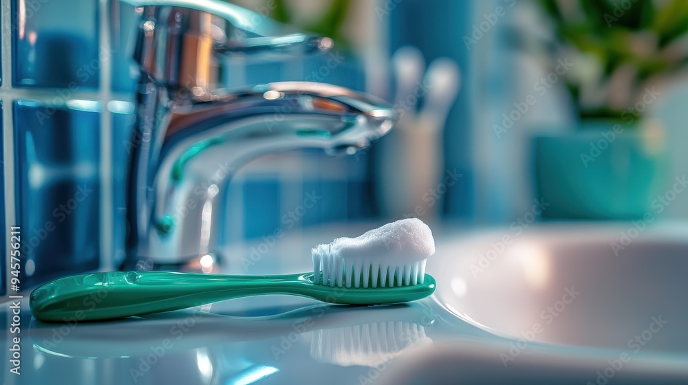 Green toothbrush with white toothpaste on sink in modern bathroom interior Green toothbrush with white toothpaste on sink in modern bathroom interior