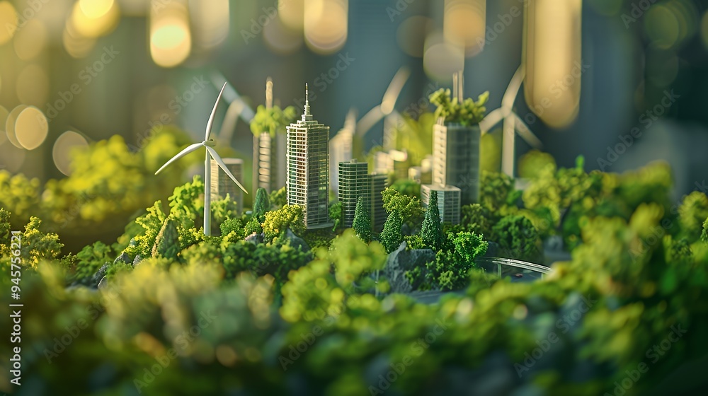 A miniature eco-friendly city with wind turbines surrounded by lush greenery. A miniature eco-friendly city with wind turbines surrounded by lush greenery.