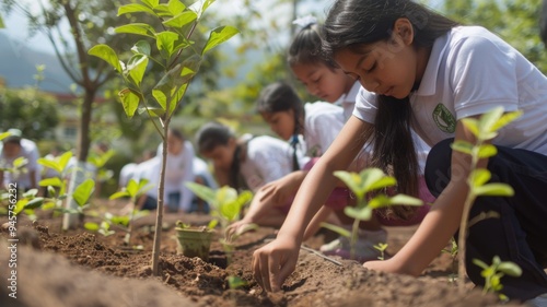 A group of children in school uniforms planting saplings in a garden,