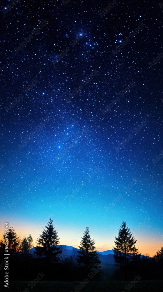 A breathtaking night sky filled with stars above silhouetted trees and a glowing horizon. A breathtaking night sky filled with stars above silhouetted trees and a glowing horizon.