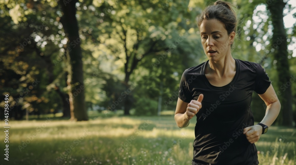 A determined woman running through a sun-dappled park, capturing a moment of focus and dedication in her fitness journey. A determined woman running through a sun-dappled park, capturing a moment of focus and dedication in her fitness journey.