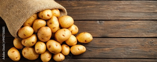 A fresh sack of golden potatoes spills onto a rustic wooden table, showcasing their natural beauty and earthy texture. photo