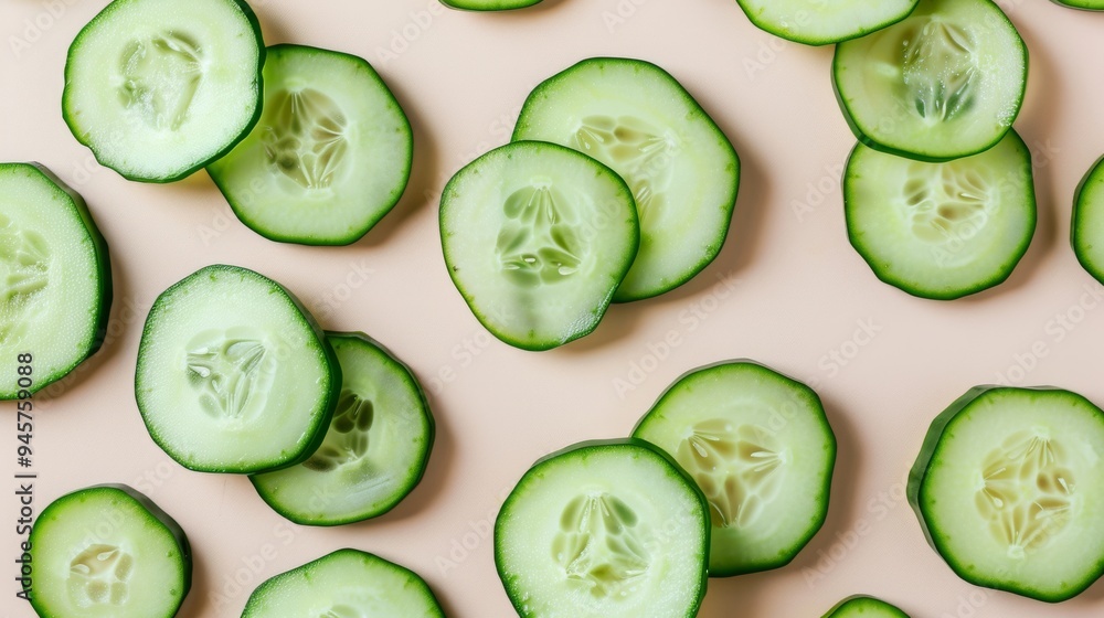 A collection of cucumber slices intricately spread across a light backdrop, showcasing the detailed textures and fresh appeal in a minimalist, structured composition. A collection of cucumber slices intricately spread across a light backdrop, showcasing the detailed textures and fresh appeal in a minimalist, structured composition.