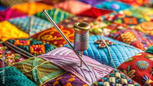 Close-up of a sharp, metallic sewing needle piercing through a vibrant, patchwork quilt, surrounded by colorful threads and scraps of eclectic fabric patterns.