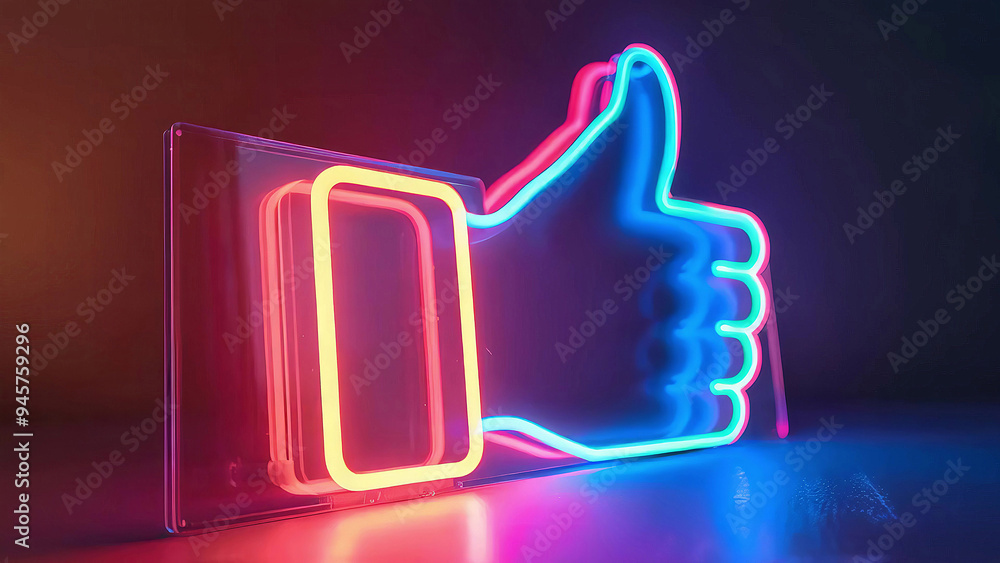 3d Neon colored artistic thumbs-up hand symbol in vibrant gradient colors, abstract futuristic design new stock image illustration AI