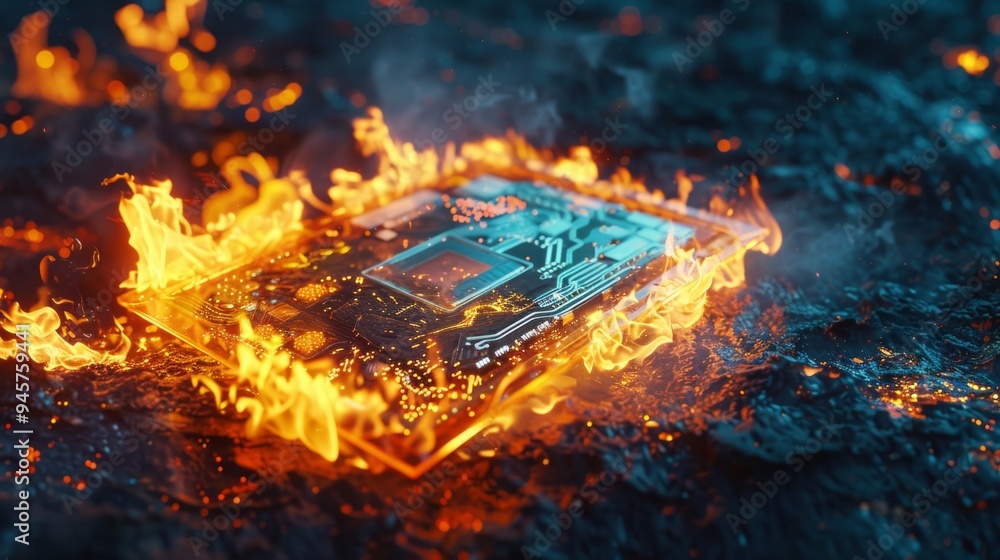 A circuit board or electronic device engulfed in bright, intense flames, sparking and glowing. A circuit board or electronic device engulfed in bright, intense flames, sparking and glowing.