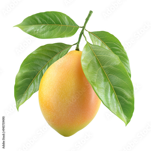 Mango on the tree with green leaves, isolated on a transparent background.