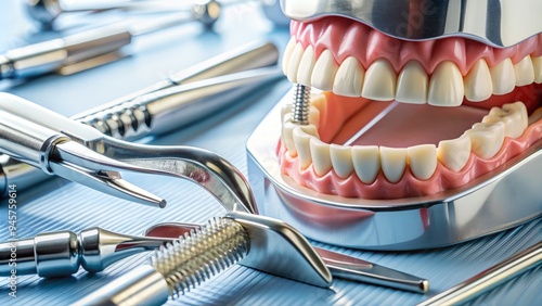 Close-up of metal pliers grasping a set of artificial teeth, showcasing dental repair tools and prosthetic dentistry equipment in a clinical setting. photo