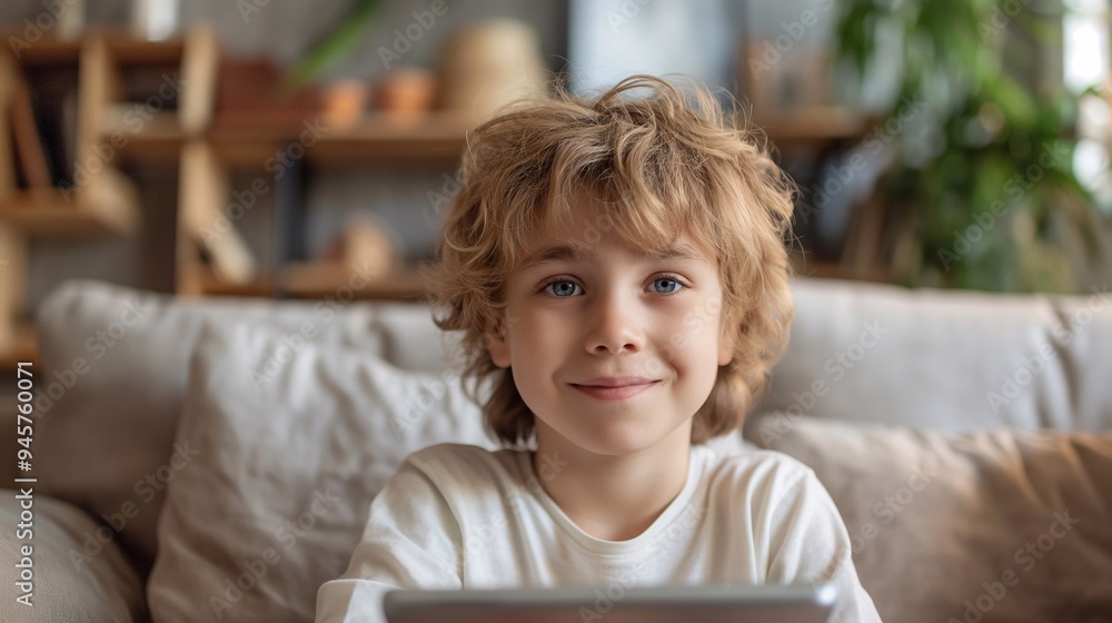 Cute boy with tablet in living room, technology, learning, free time, childhood Cute boy with tablet in living room, technology, learning, free time, childhood