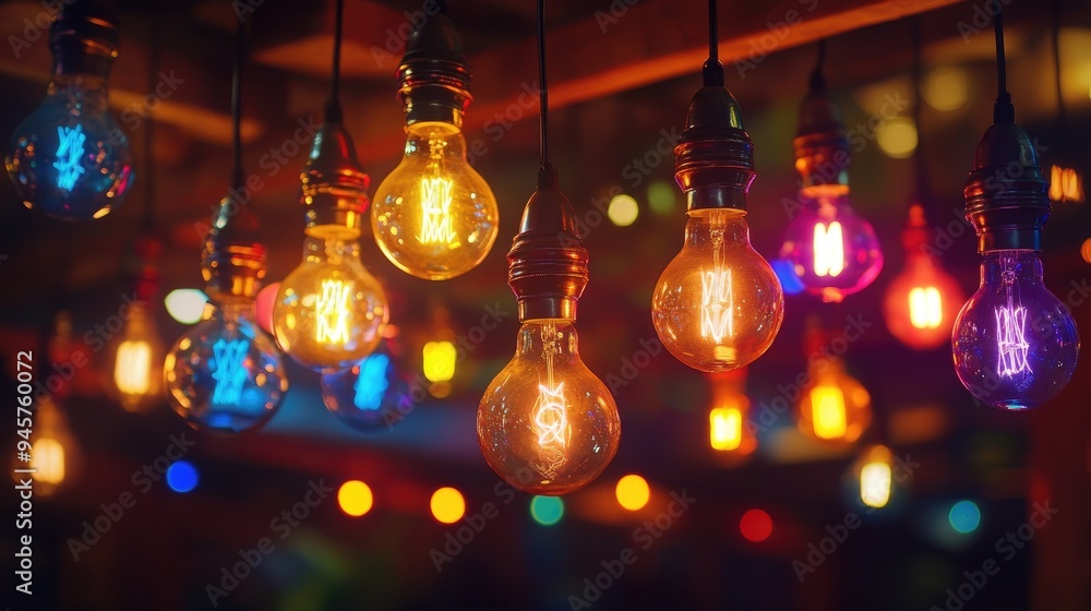 A cluster of colorful light bulbs hanging from a ceiling, A cluster of colorful light bulbs hanging from a ceiling,