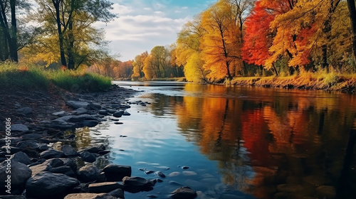 Autumn Landscape with Colorful Leaves on Trees at Morning