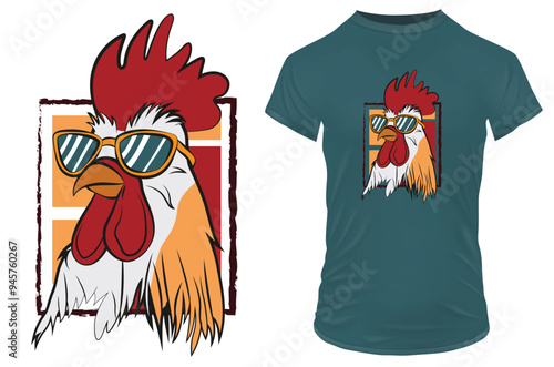 Cartoon of a cool moody rooster with sunglasses. Vector illustration for tshirt, website, clip art, poster and print on demand merchandise.