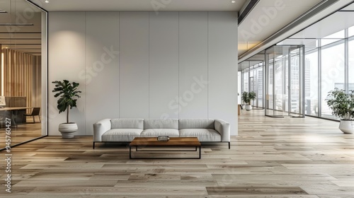 Comfortable office lobby interior with blank white wall. Modern living room interior with sofa beautiful apartment, modern comfortable interior, Modern Office Lobby design,  photo