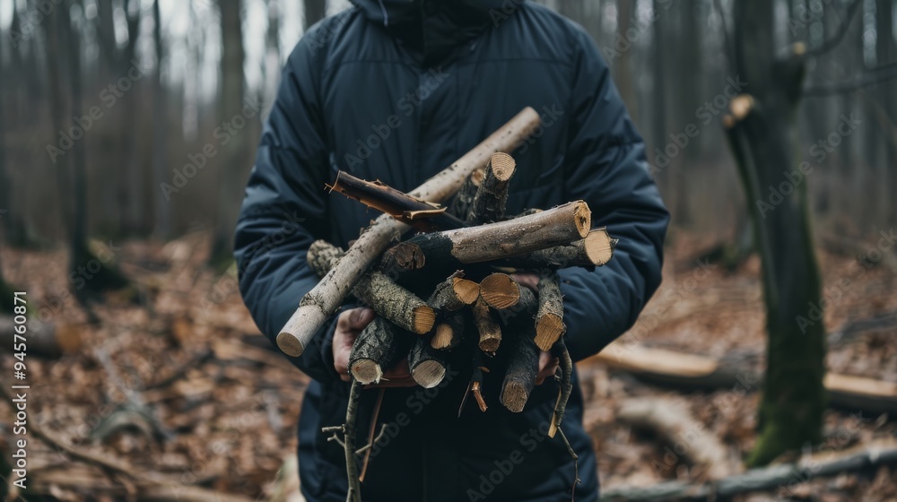 Fototapeta premium A person bundled in a dark jacket holding an armful of firewood in a dense forest during fall.