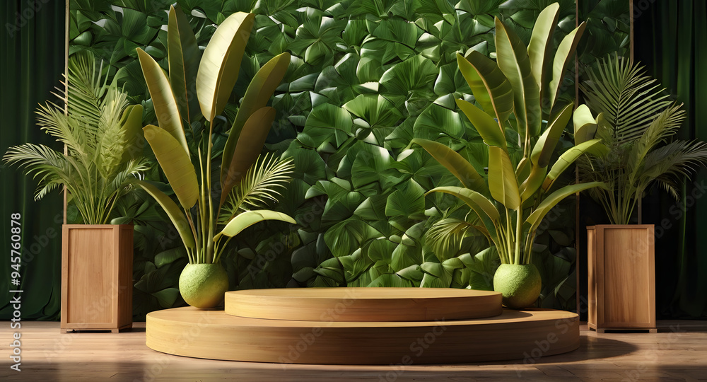 A scene with a background of green leaves and green trees for product placement for taking photos. A scene with a background of green leaves and green trees for product placement for taking photos.