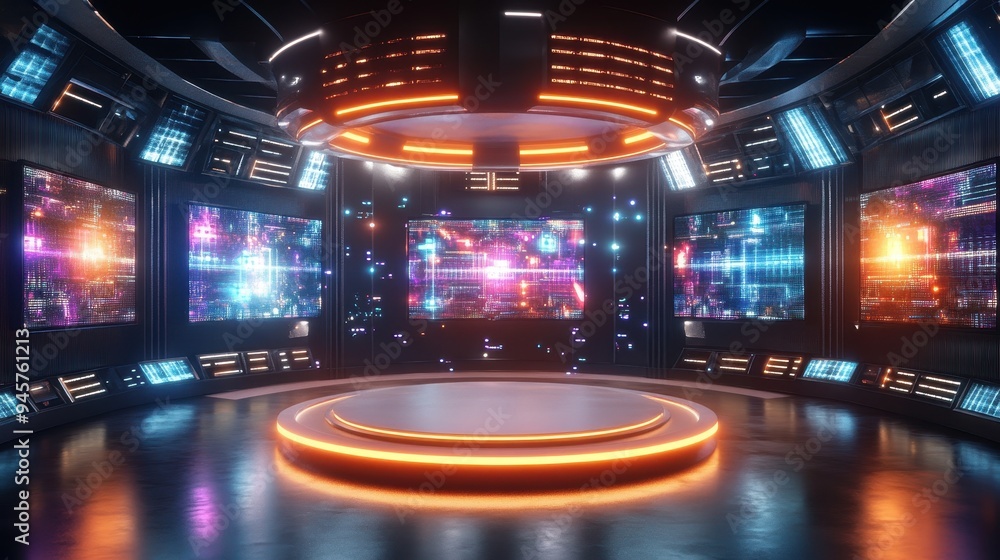 Futuristic Sci-Fi Studio Room with Neon Lights and Screens - 3D Rendering. Futuristic Sci-Fi Studio Room with Neon Lights and Screens - 3D Rendering.