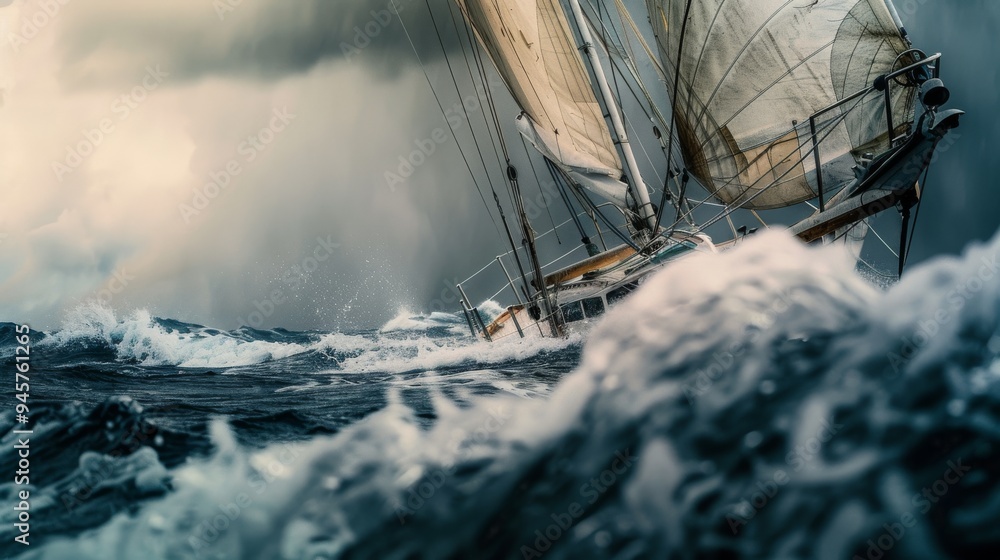 Obraz premium A sailboat bravely cutting through rough ocean waves during a storm, with dramatic lighting and turbulent skies, portraying adventure and resilience.