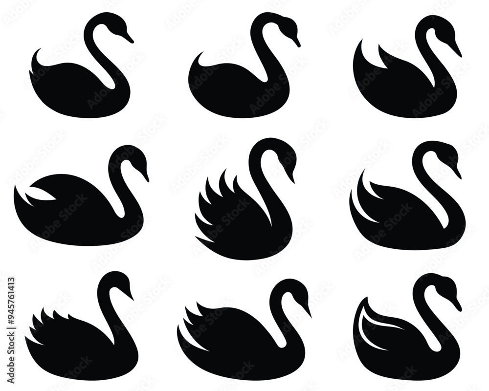 Fototapeta premium Set of Swan silhouettes. isolated vector on white background.