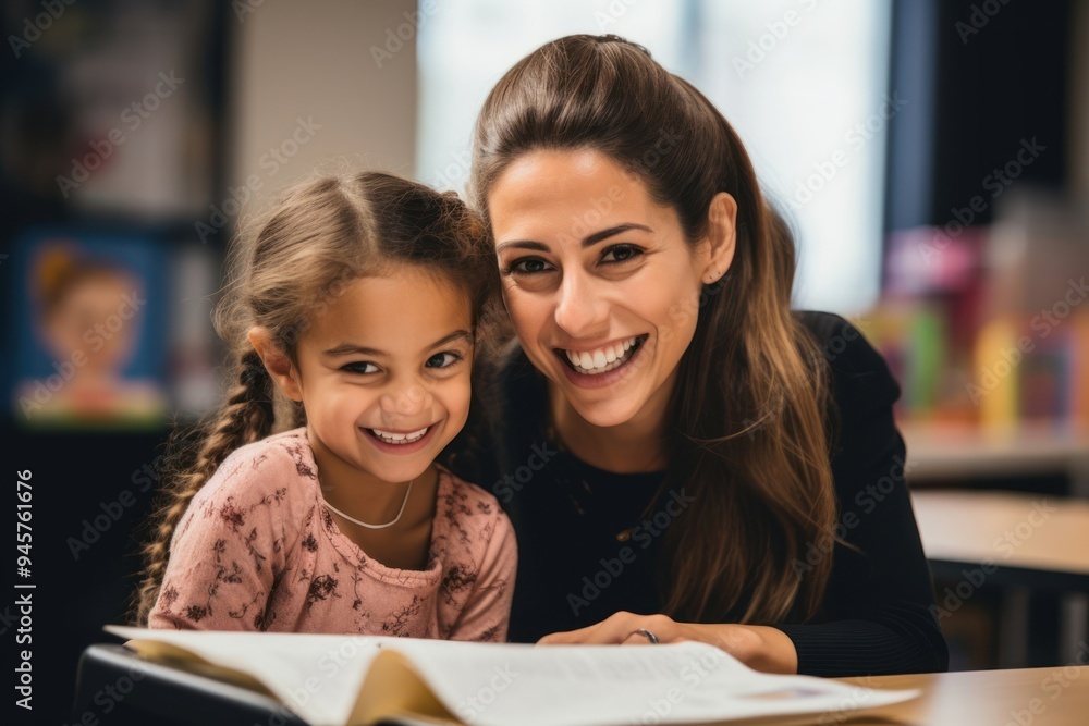 Teacher assisting her Latina student reading school child. Teacher assisting her Latina student reading school child.