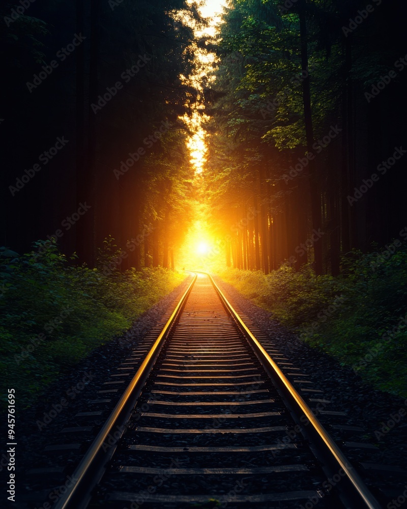 Naklejka premium A serene view of railway tracks leading into a vibrant sunset, surrounded by tall trees, symbolizing journey and discovery.