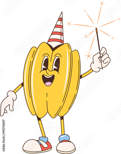 Retro cartoon groovy starfruit or carambola fruit character wearing party hat, holding a sparkler. Isolated vector tropical fruit personage with cheerful face expression celebrate birthday or New Year