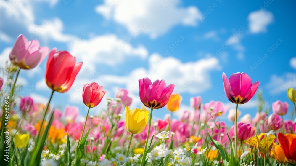 Vibrant spring flower field displaying colorful tulips under a clear blue sky Vibrant spring flower field displaying colorful tulips under a clear blue sky