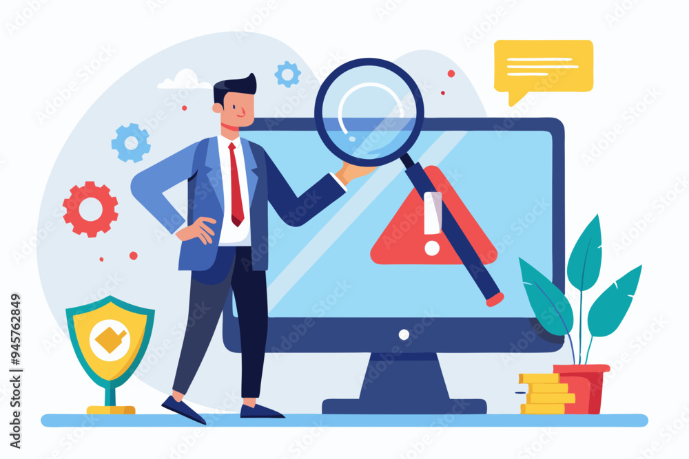 Incident management, root cause analysis or solving problem, identify risk or critical failure concept, businessman with magnifier monitor and investigate incident with exclamation attention sign. See Incident management, root cause analysis or solving problem, identify risk or critical failure concept, businessman with magnifier monitor and investigate incident with exclamation attention sign. See