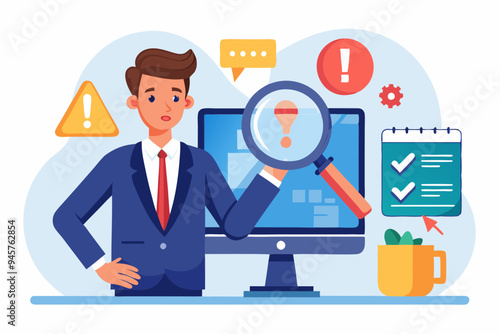 Incident management, root cause analysis or solving problem, identify risk or critical failure concept, businessman with magnifier monitor and investigate incident with exclamation attention sign. See