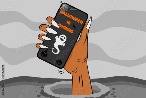 A zombie hand comes out of the ground holding a mobile phone with Halloween is coming written on the screen. Happy Halloween concept. Vector illustration.