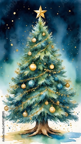 Aquarell - Geschmückter Weihnachtsbaum