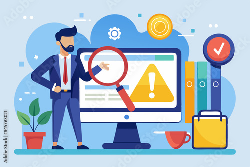 Incident management, root cause analysis or solving problem, identify risk or critical failure concept, businessman with magnifier monitor and investigate incident with exclamation attention sign. See