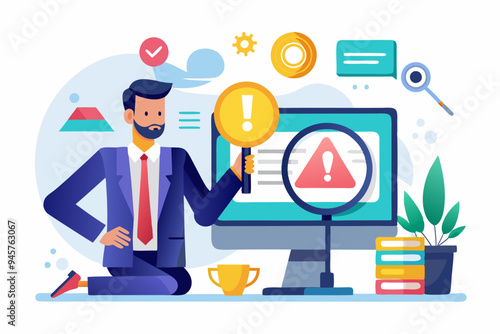 Incident management, root cause analysis or solving problem, identify risk or critical failure concept, businessman with magnifier monitor and investigate incident with exclamation attention sign. See