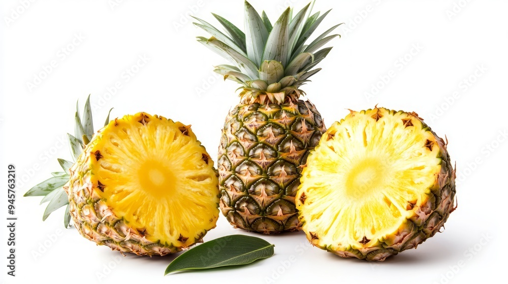Isolated pineapple and half with leaf. Pineapple fruit on white background with clipping path Isolated pineapple and half with leaf. Pineapple fruit on white background with clipping path